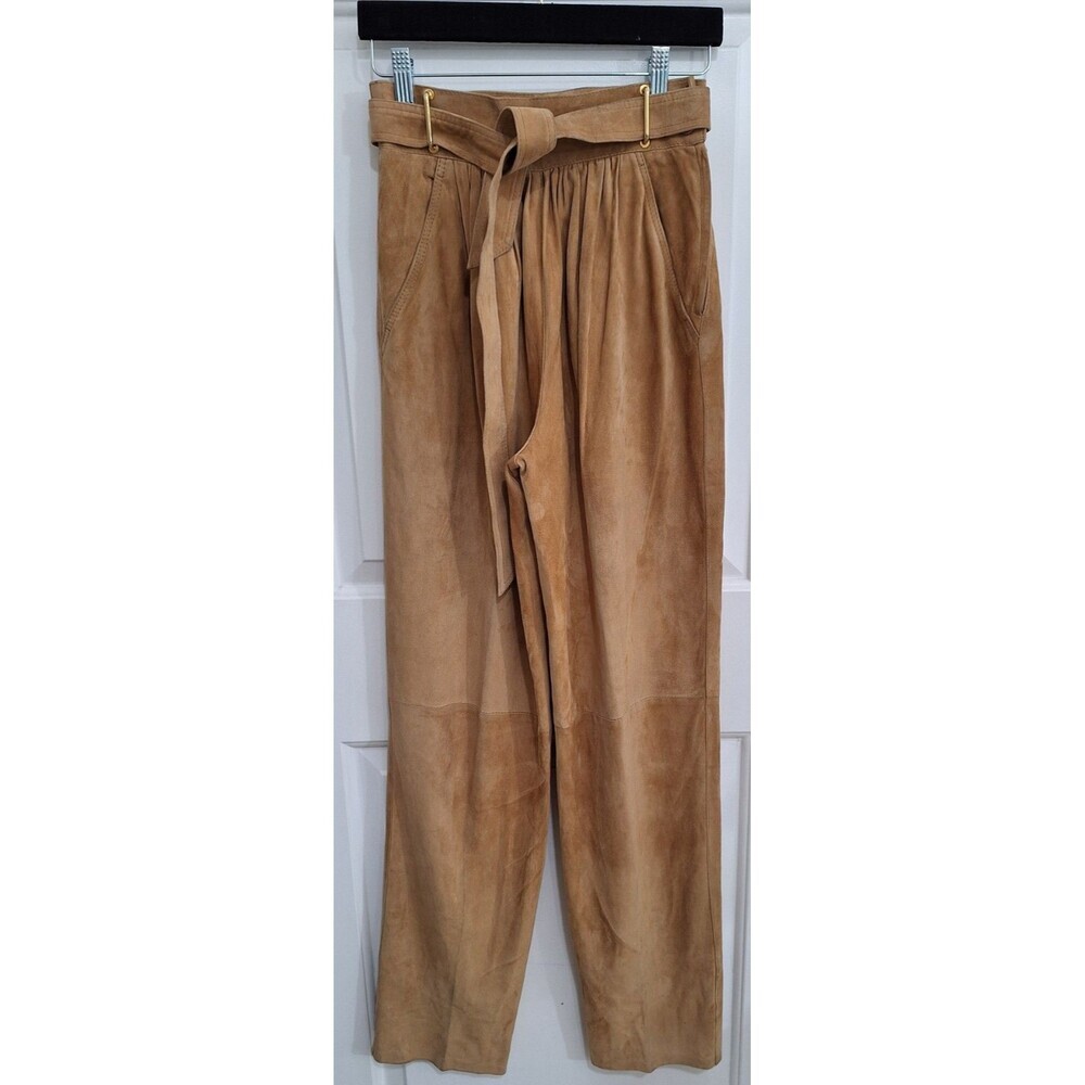 La Matta Italy Vintage High Waisted Suede Leather Pleated Belted Trousers Tan 27